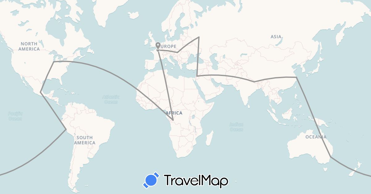 TravelMap itinerary: driving, plane in Australia, Democratic Republic of the Congo, China, France, Hungary, Jordan, Mexico, Nepal, Peru, Russia, United States (Africa, Asia, Europe, North America, Oceania, South America)